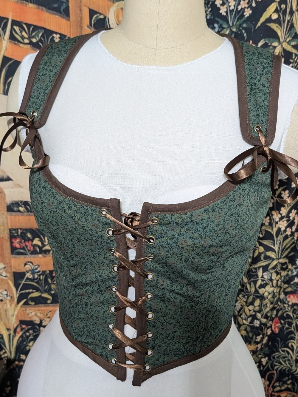 New Handmade Corset Bodice Green Floral Lace-up
